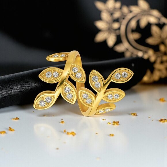 Elegant 18K Gold Plated Adjustable Leaves πΏLeaf Ring Sparkling Zirconia β¨ - Picture 8 of 13